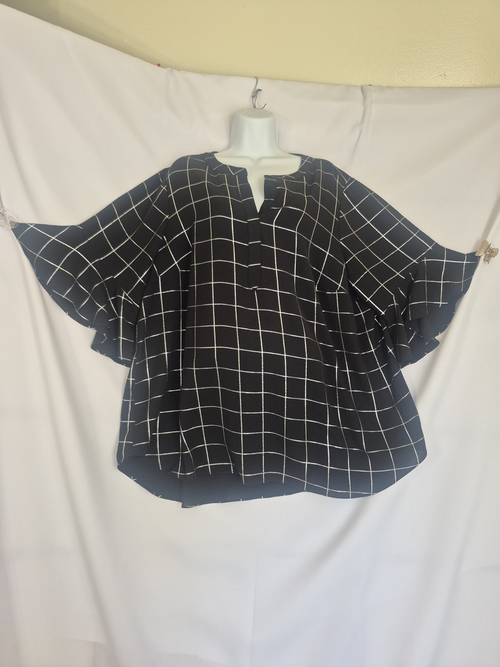 Olivia & Martin Windowpane Ruffle-Sleeve Blouse in Black